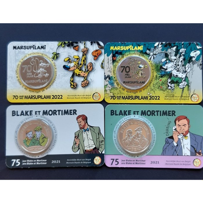 比利时. 5 Euro 2021/2022 "Blake et Mortimer" + "Marsupilami" (4 coincards)  (没有保留价)