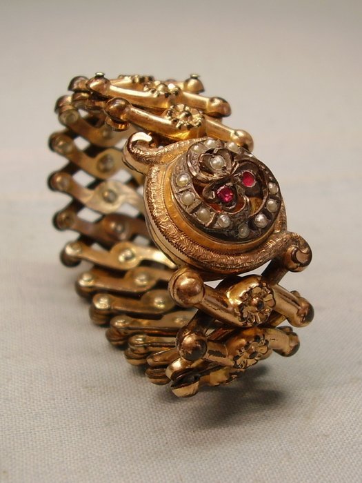Ohne Mindestpreis - Viktorianische Goldschmiede-Arbeit um 1890/1900 als Scheren-Armband - Armband Schaumgold /Golddoublé Perle 