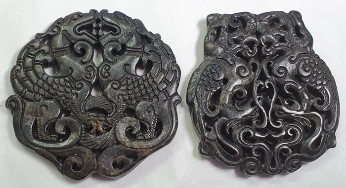 Onyx - 2 prächtige schützende buddhistische Onice-Amulette – Himmlisches Drachen-Chi – Stärke und Kraft - Amulett