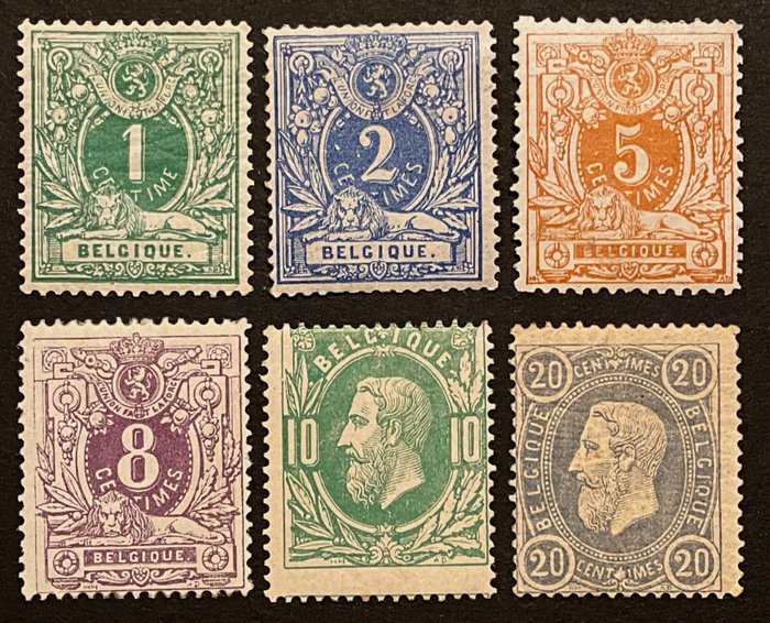 Belgien 1869/1883 - Ausgabe 1869: Liegender Löwe 1c-8c und Leopold II. 10c-20c - OBP 26/31