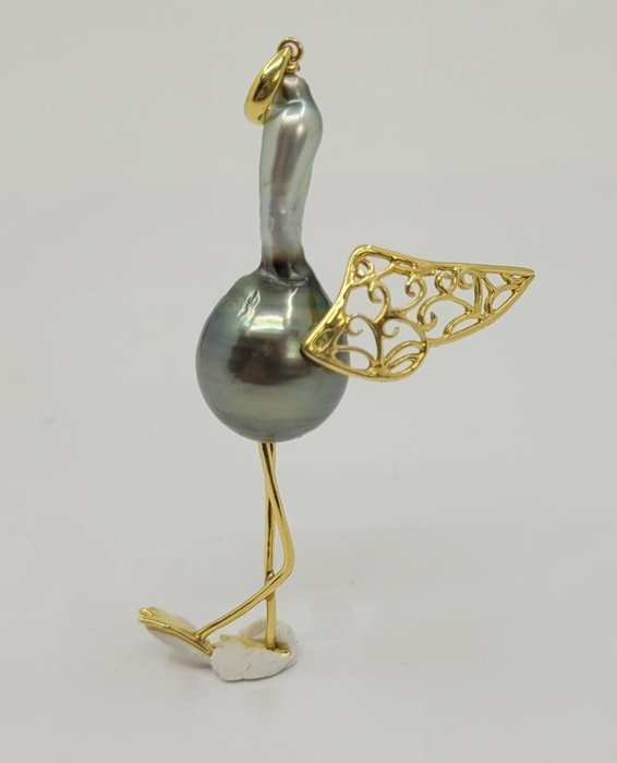 ALGT Certified Tsuru Bird - 13.5mm Tahitian Pearl - Halsband med hänge - 18 kt Gult guld