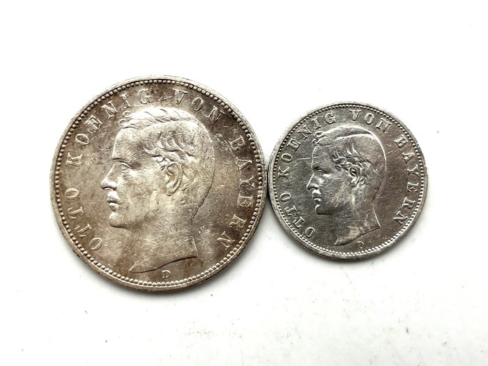 德国， 巴伐利亚. Otto (1886-1913). Lot de 2 monnaies en argent (2 Mark 1903 & 5 Mark 1902)  (没有保留价)
