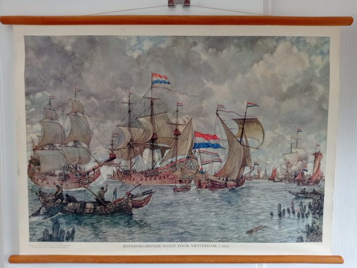 Mapa de escola - Cartaz escolar com navios VOC "Frota chegando para Amsterdã 1665" - Linho
