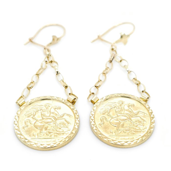 Utan reservationspris - Vintage St George Coin Design Dangle Drop Earrings - Droppörhängen - 9 k Gult guld 