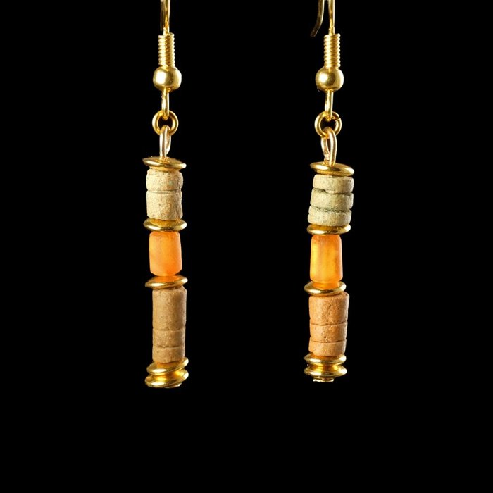 Ancient Egypt, Late Period Earrings with faience and carnelian beads