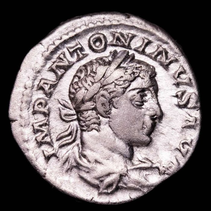 Rooman imperiumi. Elagabalus (218-222). Denarius Minted in Rome. FIDES MILITVM. Fides standing facing, head right, holding signa and standard  (Ei pohjahintaa)