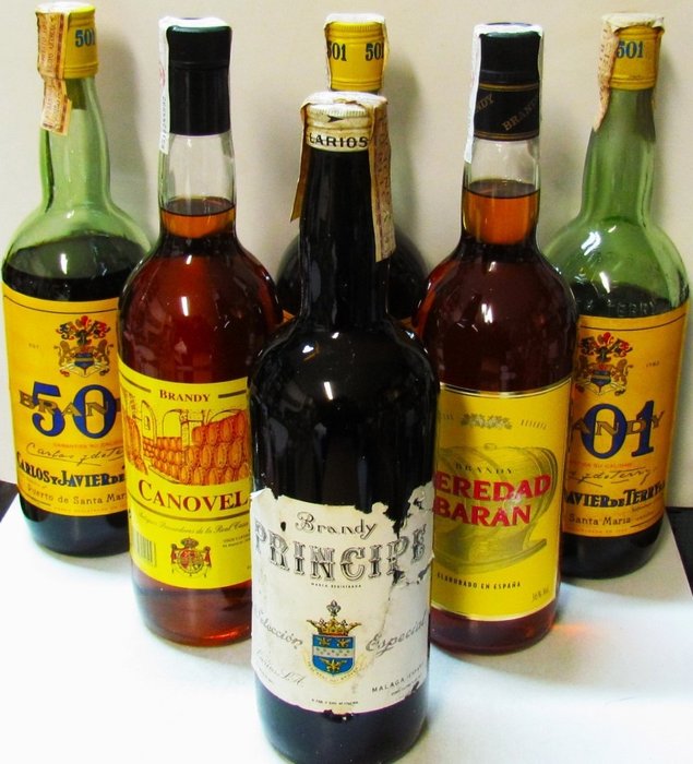 Larios Brandy Principe + Terry 501 + Heredad Baran + Canovel  - b. Anni ‘70, Anni ‘90 - 1,0 litri, 75cl - 6 bottiglie