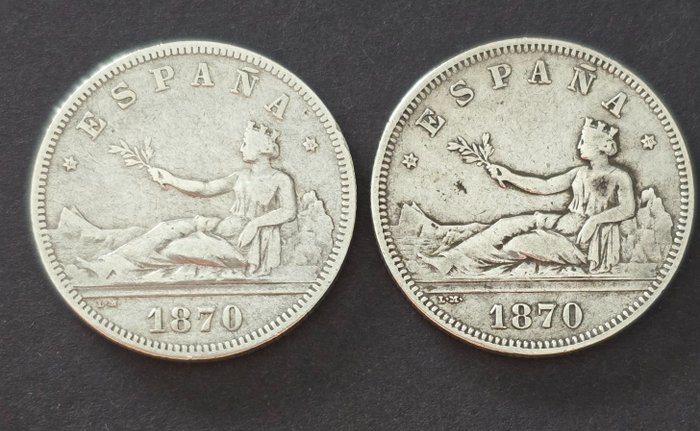 Spanje. Provisional Government (1868-1871). 2 Pesetas 1870 (*18-70) SNM / 1870 (18*73) DEM (2 moedas)  (Zonder Minimumprijs)