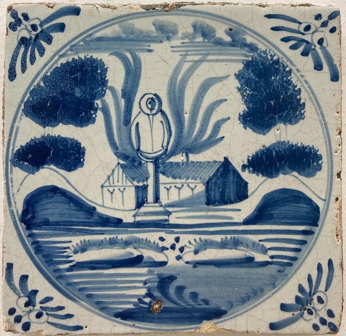 瓦 - 代尔夫特蓝色圣经瓷砖，底座上有一尊雕像 - 1700-1750年 
