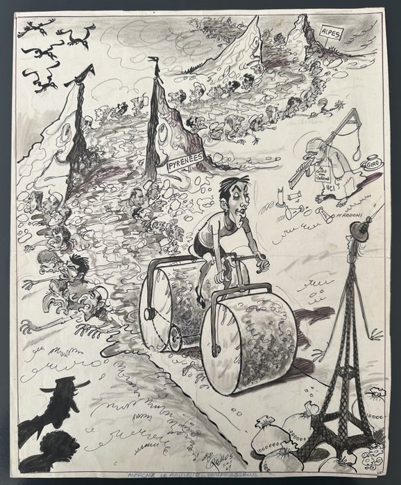 Pellos, René - 1 Original drawing - Mirroir du Cyclisme - Meckx, le rouleau compresseur - 1969