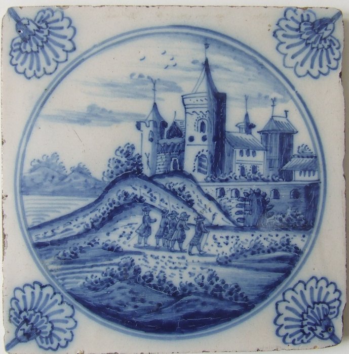 Tegel - Landschapstegel met Kasteel in cirkel. - 1700-1750 
