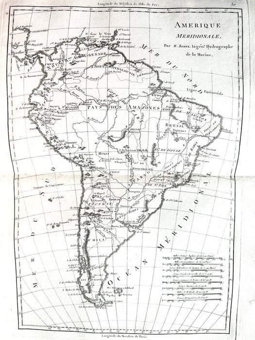 Amerika, Karta - Sydamerika / Brasilien / Argentina / Chile / Colombia / Guyana / Peru / Uruguay; Rigobert Bonne - Amérique méridionale - 1781-1800