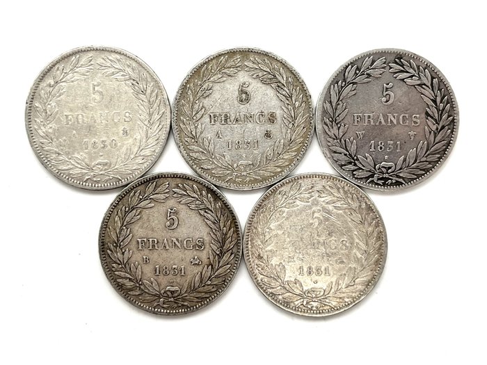 França. Luís Filipe I (1830-1848). 5 Francs 1830/1831 (lot de 5 monnaies)  (Sem preço de reserva)