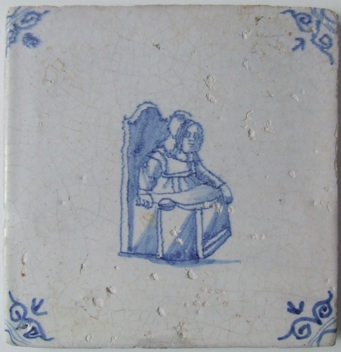  Piastrella - Bambino su sedia KAK Raro. - 1650-1700 