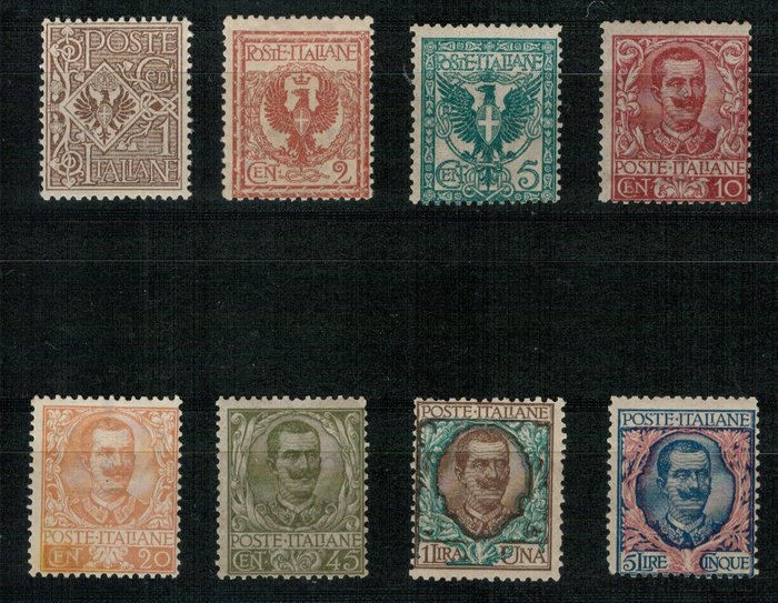 Italian kuningaskunta 1901 - Kukka, n. 8 arvoa (68/72-75-77-78) ehjä, Enzo Diena -sertifioitu. - Sassone 2024