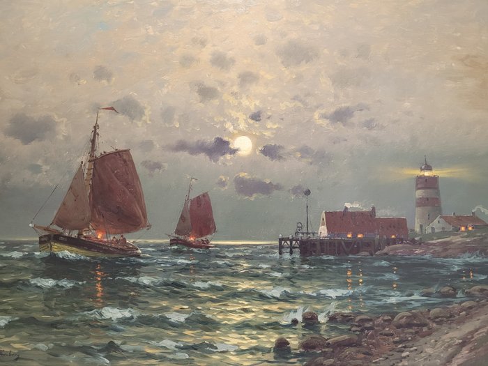 C. Freiberg (XIX-XX) - Mondnacht, Heimkehrende Fischerboote im Mondschein