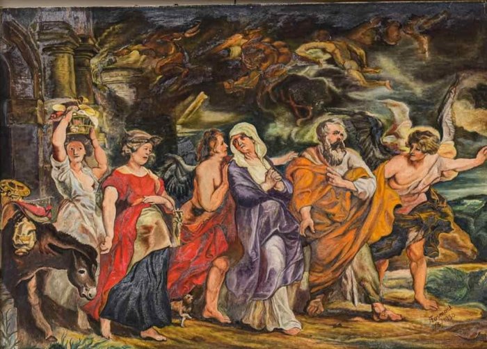Vlaamse school (XIX) - Loth and his family leaving Sodom. Led by angels