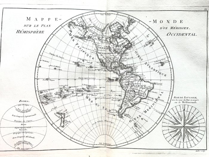 美国, 地图 - 加拿大、美国、墨西哥、巴西、南美洲、北美; Rigobert Bonne - Mappe Monde sur le plan d'un méridien / Hémisphère Occidental - 1781-1800