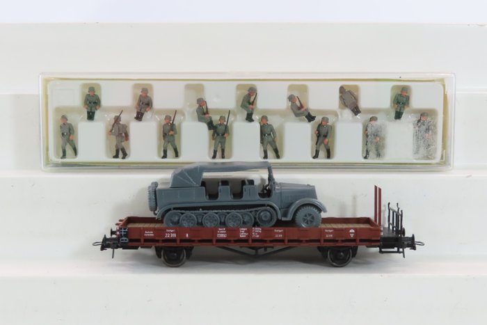 Roco Minitanks H0 - 836/872 - Set di vagoni merci di modellini di treni (2) - Carro a stanti con semicingolato Veicolo militare e soldati - DB
