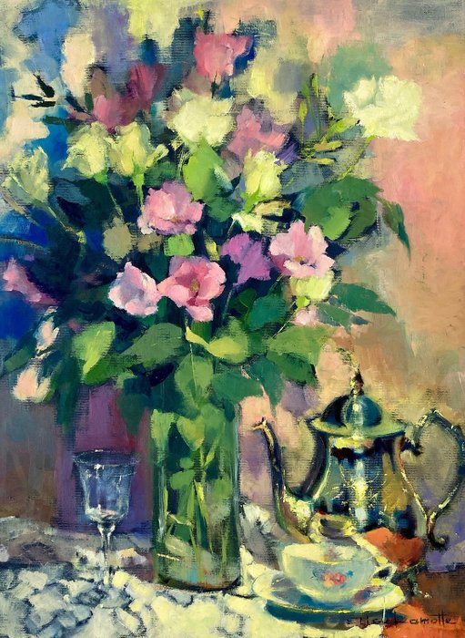 Elise Lamotte (1945) - Flowers and Silver teapot still life