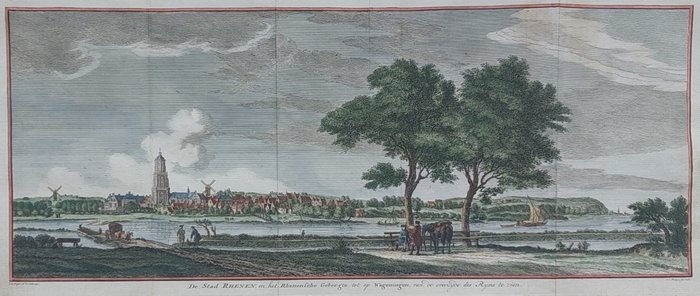 Pays-Bas, Plan de ville - Rhénen; Isaa Tirion - De Stad Rhenen, en het Rhenensche Gebergte tot op Wageningen van de overzyde des Ryns te zien - 1753