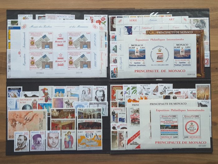 Mónaco 1999/2002 - 4 años completos de sellos vigentes con hojas souvenir 81, 85 y 88 - Yvert 2186 à 2381 sans les timbres non émis et BF 81, 85 et 88