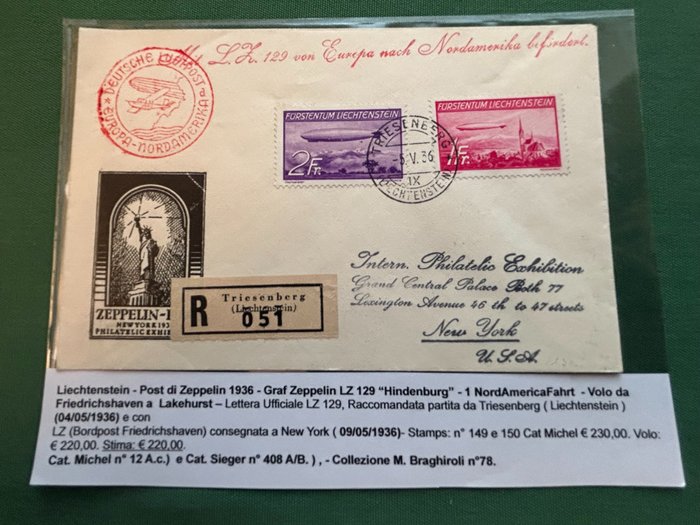 Busta postale - Liechtenstein Volo Zeppelin LZ 129 Hindenburg - 1° NordAmerikaFahrt 1936.