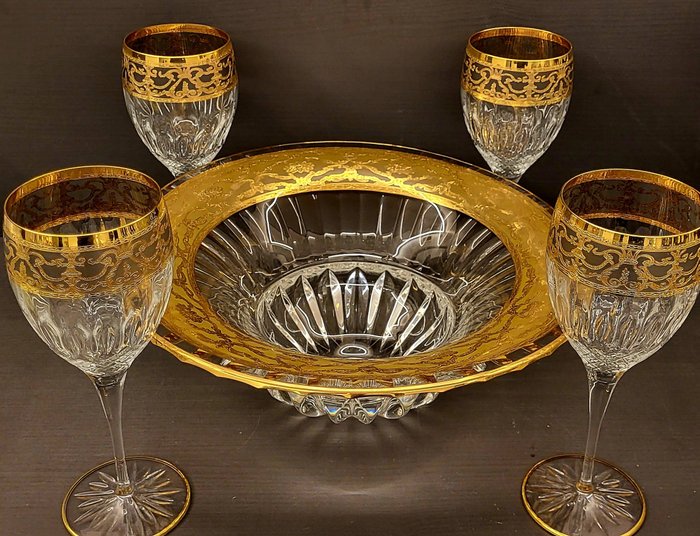 antica cristalleria italiana - Serviciu de masă (5) - piesă centrală uriașă superioară cu pahare uriașe bogate în aur - Aur, Cristal