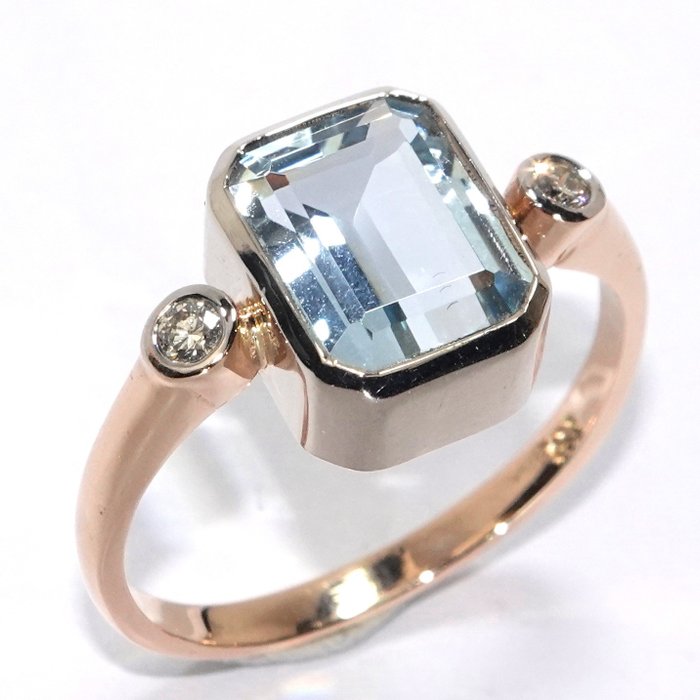 Ring - 14 karat Gulguld, Hvidguld -  2.24 tw. Akvamarin - Diamant 