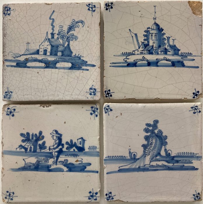 瓷磚 - 代爾夫特藍色瓷磚與漁夫、城堡、農場和靜物與蝸牛 - 1700-1750 