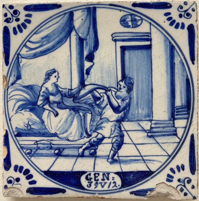 Azulejo - Raro azulejo bíblico antiguo azul de Delft GEN 39V/2 - 1700-1750 