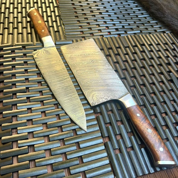 Keittiöveitsi - Kitchen knife set - Damaski, Japanilainen Professional Chukabocho & Gyuto Paras keittiösi pari palossa taottu 15n20/1095 - Japani