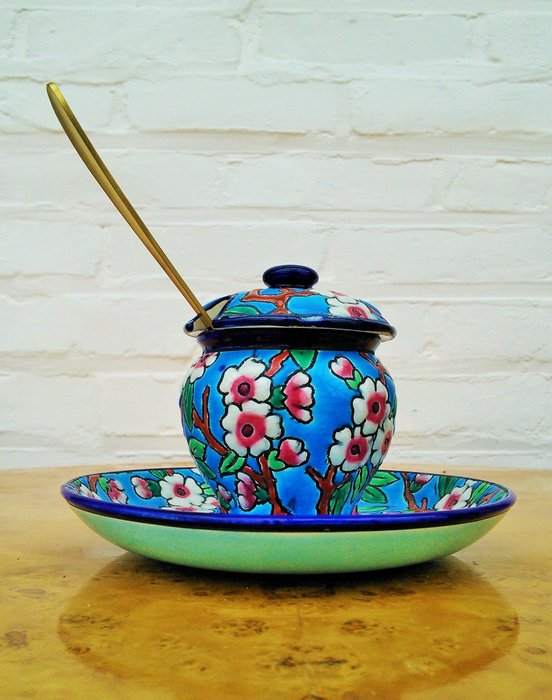 Longwy - Jam pot -  Art Deco jam jar - Enamel relief decoration of apple blossoms - Ceramic, Enamel