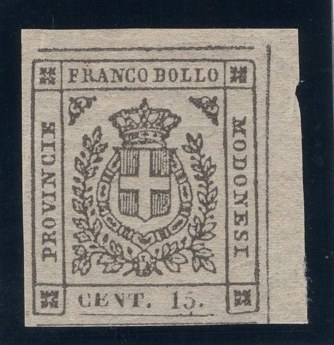 意大利古城邦-莫德纳 1859 - 政府。省。 | 15c。棕色|戈玛·积分 |证书：Alberto G. Bolaffi - Sassone ASI n. 13