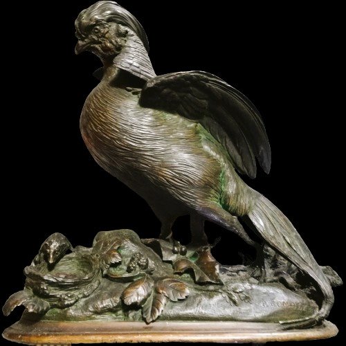 Paul Comolera (1818-1897) - 雕刻, Uccello sul nido - 32 cm - 銅（生綠銹）