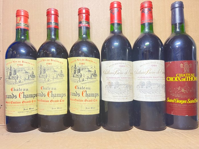 2x 1989 & 1x 1988 Château Grands Champs , 1989 Château Borie de l'Anglais  (1), Château Croix de - Saint-Émilion Grand Cru - 6 Flasker (0,75 L)