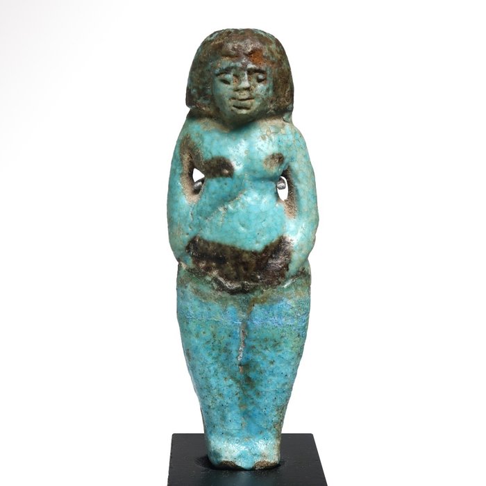 Αρχαία Αιγυπτιακή Faience Γυναικεία φιγούρα με μπλε τζάμια δίχρωμη φαγεντιανή