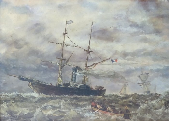 Hollandse/Franse school (XIX) - Schepen en roeiboot op woelige zee