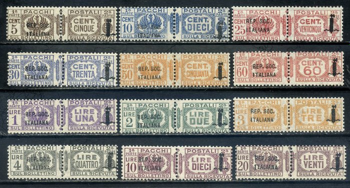 義大利 1944 - 郵政包裹，全套 12 個疊印值。獲得三高價值認證 - Sassone 36/47