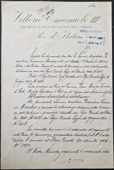 Dokument - Vittorio Emanuele Re d'Italia e Benito Mussolini - Decreto Autografo - 1928