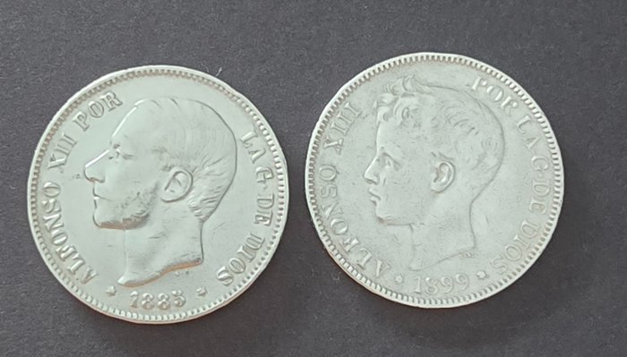 西班牙. Alfonso XII (1874-1885) / Alfonso XIII (1886-1931). 5 Pesetas 1885 MSM / 1899 SGV (2 Moedas)  (没有保留价)