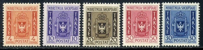 italienska Albanien 1940 - Markera skatter, serie med 5 intakta + annullerade värden. Katalog €2700 - Sassone N. 1/5