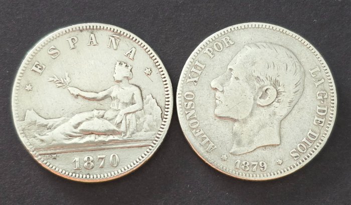 Spanien. Governo Provisório (1869-1870) / Alfonso XII (1874-1885). 2 Pesetas 1870 (*18-75) DEM / 1879 EMM (2 moedas)  (Ohne Mindestpreis)