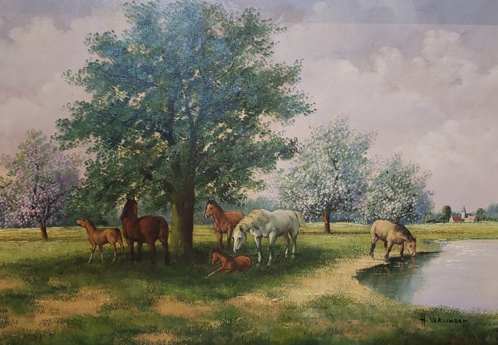 Herman Verlinden (XX-XXI) - Grazende paarden aan de oever