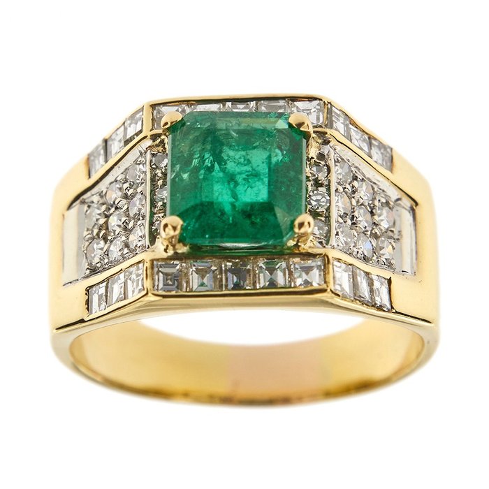 Statement ring - 18 kt. Yellow gold Emerald - Diamond 