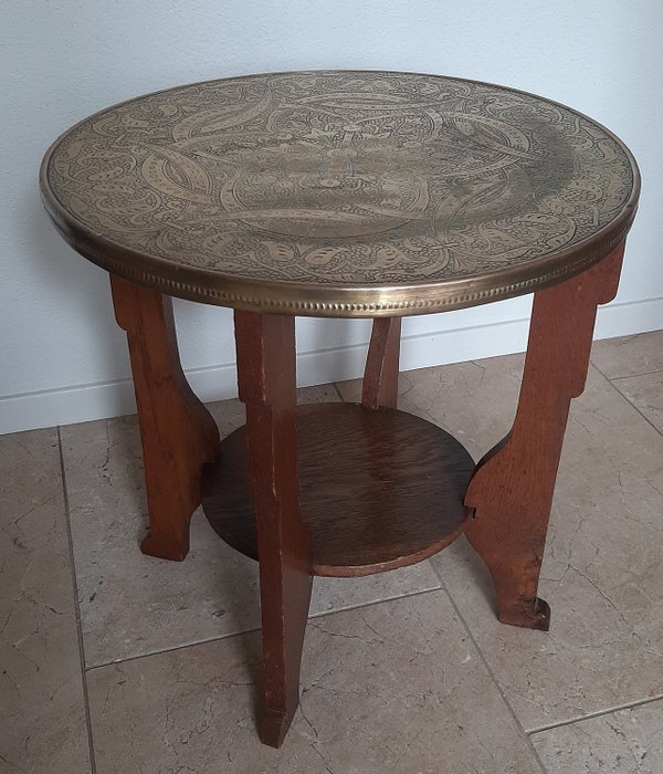 Side table - Amsterdam School style - Side - Smoking table - Wood oak - Copper/Brass