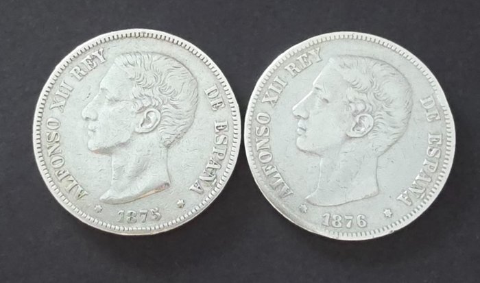 西班牙. Alfonso XII (1874-1885). 5 Pesetas 1875 DEM / 1876 DEM (2Moedas)  (没有保留价)