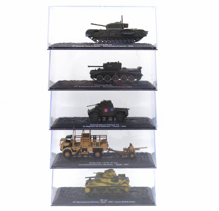 5 carri armati "World War II" Originali e rari - Militärfahrzeugmodell - Churchill Mk VII, Cromwell Mk IV, Panhard 178, M3 Lee, Bedford QL + Pdr. AT Gun
