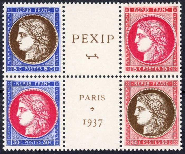 Frankrike 1937 - PEXIP - Blockets hjärta - Postens färskhet - Utmärkt - Betyg: 450 € - Yvert 348/51**