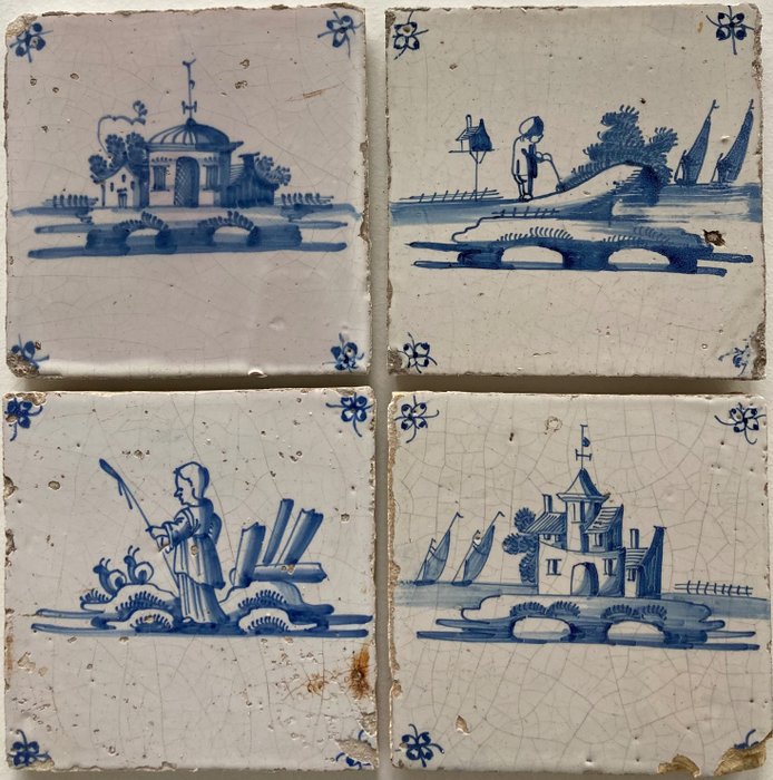 Tile - Delft blue tiles with a monastery, castle, shepherds with snails and birdhouse - 1700-1750 